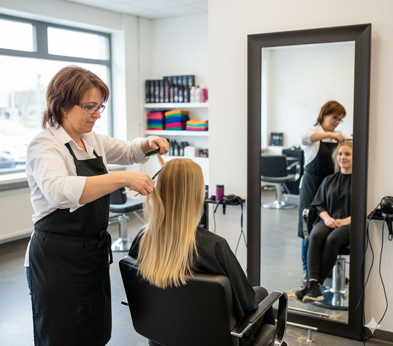 Michaela Swain - Mobile Friseurmeisterin bei der Arbeit